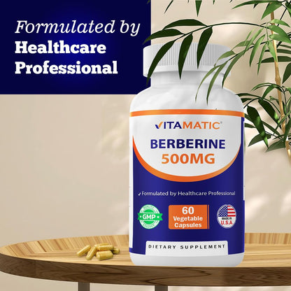 Vitamatic Berberine 500mg Supplement - 60 Vegetable Capsules - Made in USA - Gluten Free - Non-GMO