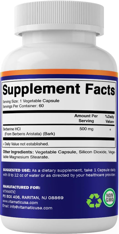 Vitamatic Berberine 500mg – 60 Veg Capsules – Made in USA, Gluten Free, Non-GMO (2 Bottles)