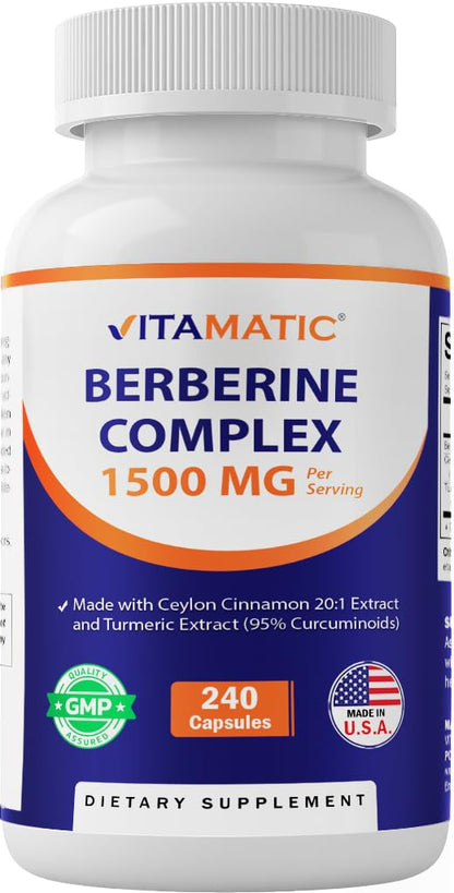 Vitamatic Berberine with Ceylon Cinnamon – 1500mg, 240 Veg Capsules, Non-GMO, Gluten Free
