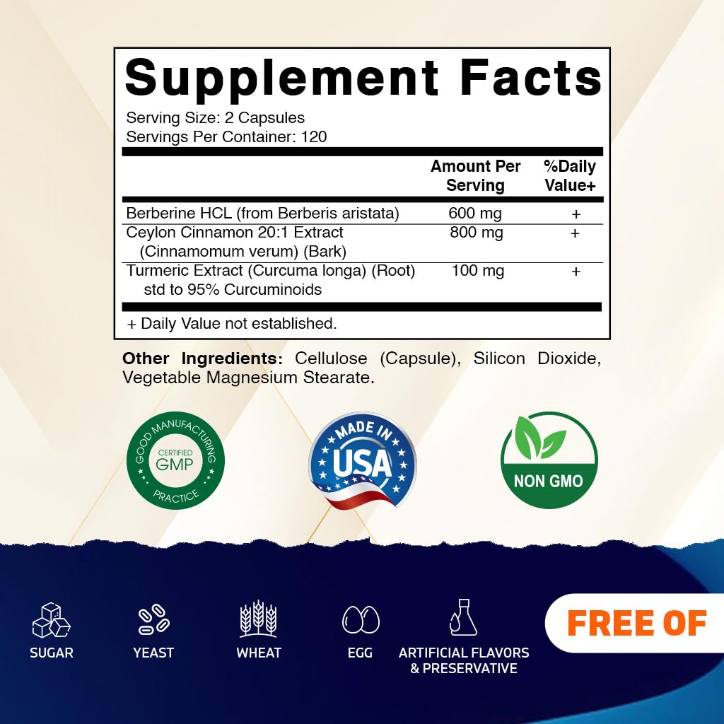 Vitamatic Berberine with Ceylon Cinnamon – 1500mg, 240 Veg Capsules, Non-GMO, Gluten Free