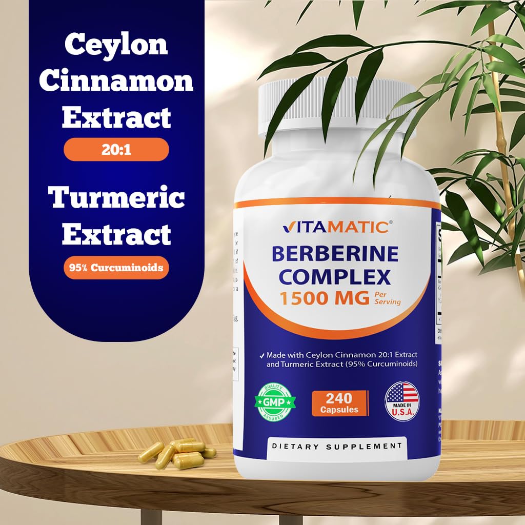 Vitamatic Berberine with Ceylon Cinnamon – 1500mg, 240 Veg Capsules, Non-GMO, Gluten Free
