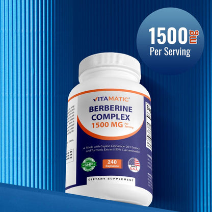 Vitamatic Berberine with Ceylon Cinnamon – 1500mg, 240 Veg Capsules, Non-GMO, Gluten Free