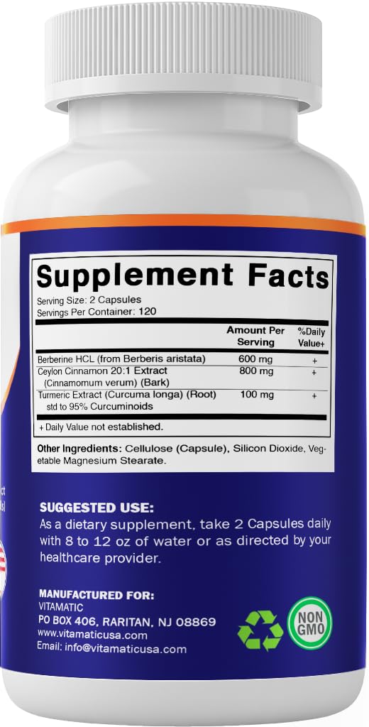 Vitamatic Berberine with Ceylon Cinnamon – 1500mg, 240 Veg Capsules, Non-GMO, Gluten Free