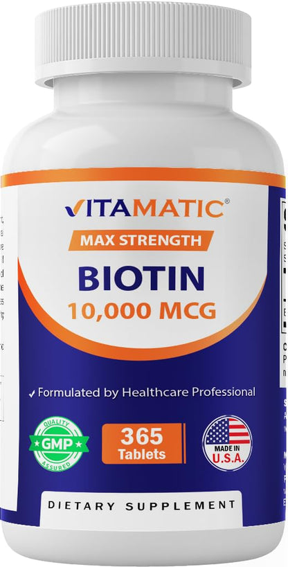 Vitamatic Biotin 10,000 mcg (10 mg) – Stronger Hair, Skin & Nails | 365 Vegan Tablets (Vitamin B7)
