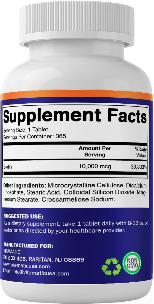 Vitamatic Biotin 10,000 mcg (10 mg) – Stronger Hair, Skin & Nails | 365 Vegan Tablets (Vitamin B7)