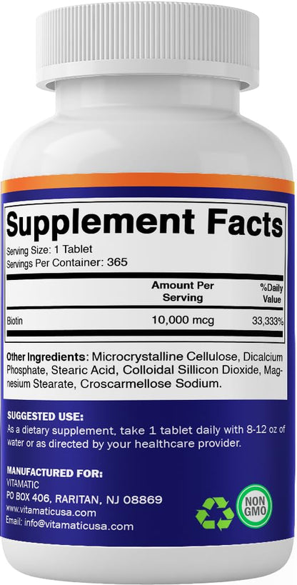 Vitamatic Biotin 10,000 mcg (10 mg) – Stronger Hair, Skin & Nails | 365 Vegan Tablets (Vitamin B7)