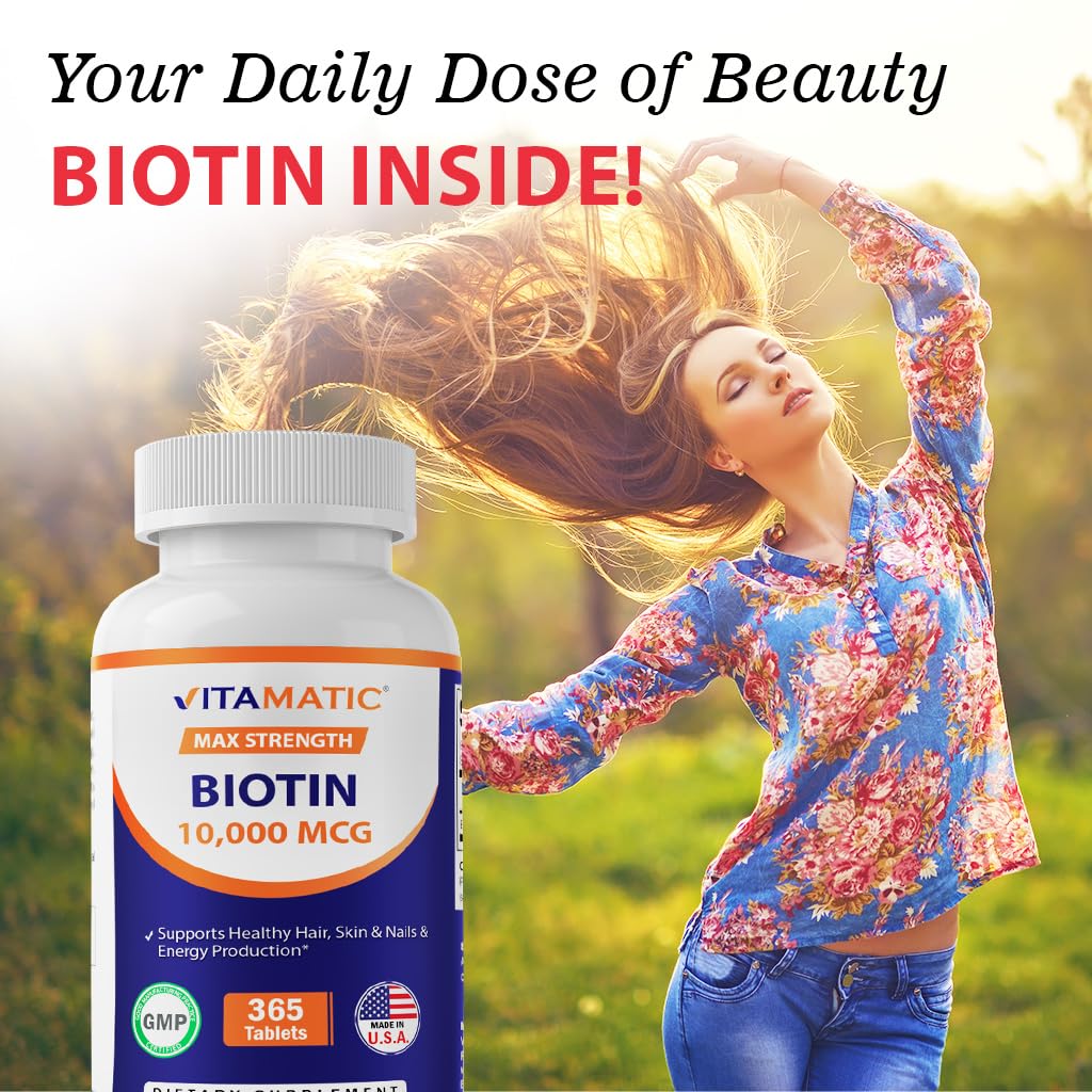 Vitamatic Biotin 10,000 mcg (10 mg) – Stronger Hair, Skin & Nails | 365 Vegan Tablets (Vitamin B7)
