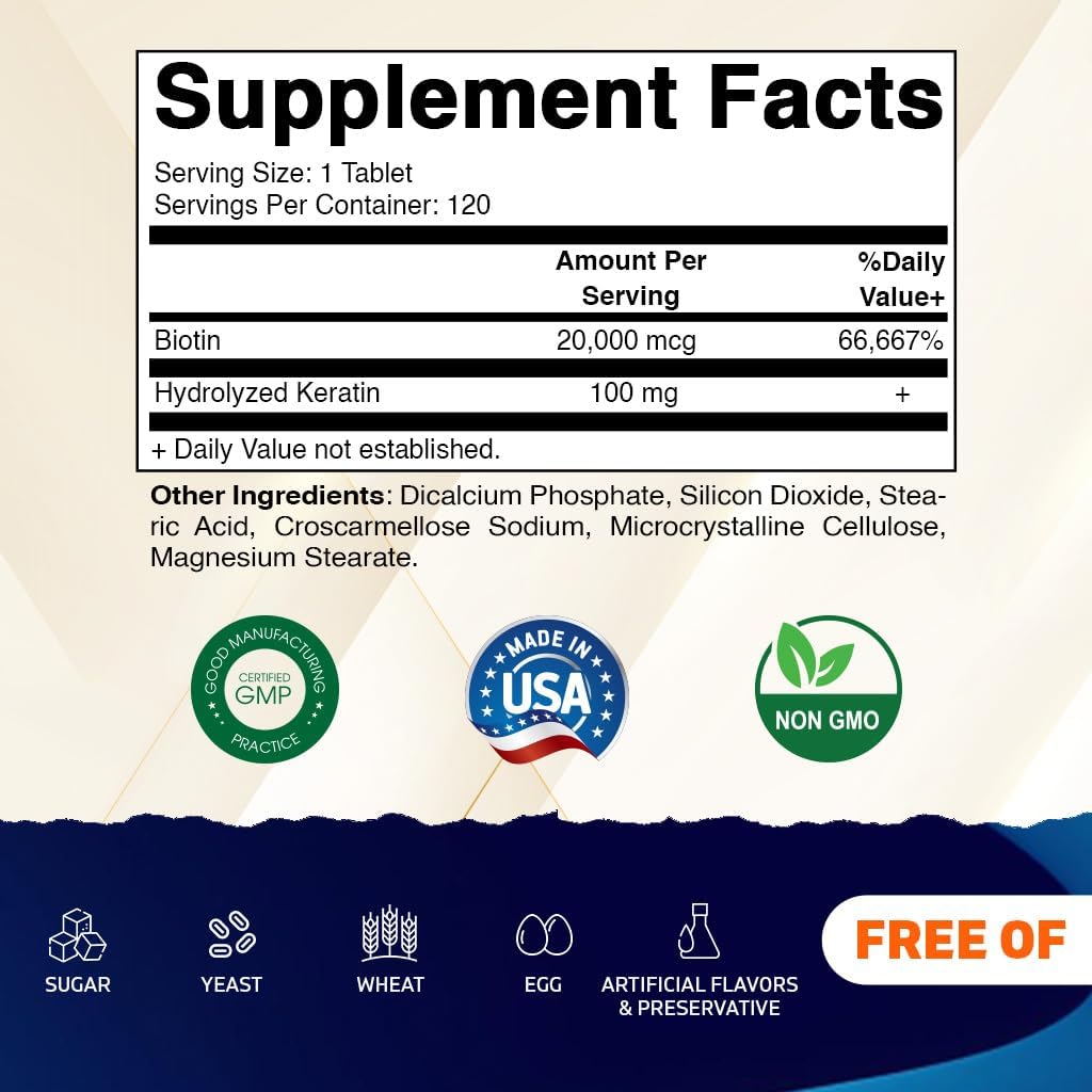 Vitamatic High Potency Biotin 20000 mcg with Keratin - 120 Vegetarian Tablets