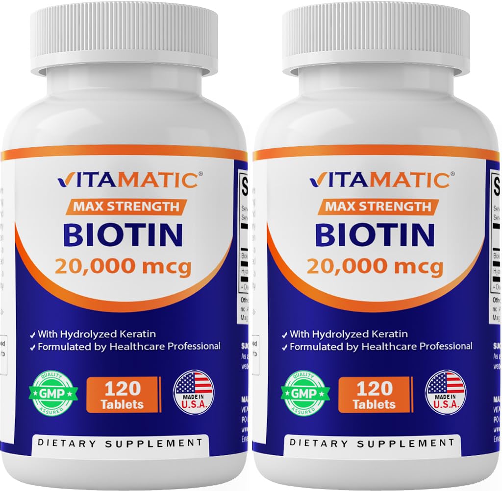 Vitamatic High Potency Biotin 20000 mcg with Keratin 100mg - 120 Vegetarian Tablets (Pack of 2) | Hair, Skin & Nails