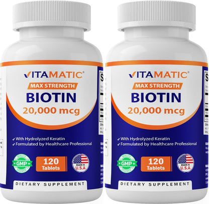 Vitamatic High Potency Biotin 20000 mcg with Keratin 100mg - 120 Vegetarian Tablets (Pack of 2) | Hair, Skin & Nails
