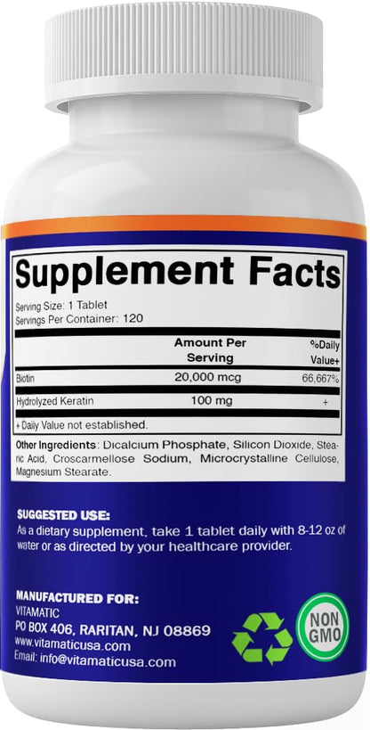 Vitamatic High Potency Biotin 20000 mcg with Keratin 100mg - 120 Vegetarian Tablets (Pack of 2) | Hair, Skin & Nails
