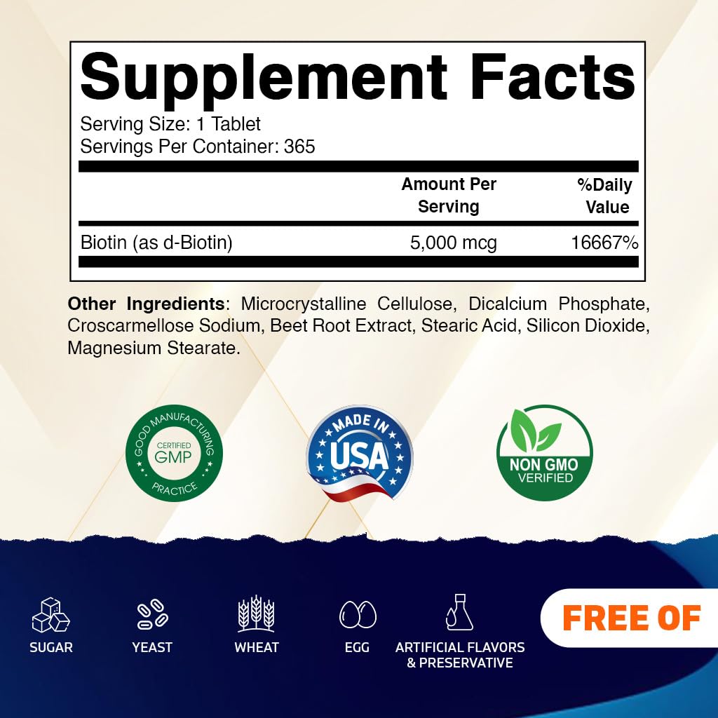 Vitamatic Biotin 5000mcg (5 mg) - 365 Vegan Tablets (Pack of 2) | Hair, Skin & Nails | Vitamin B7