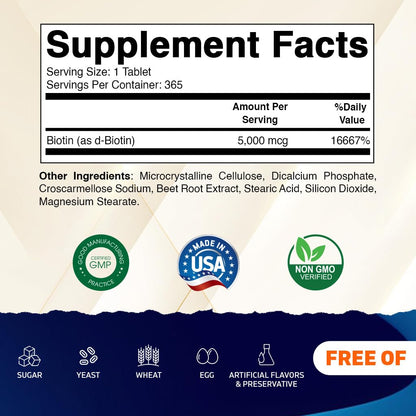 Vitamatic Biotin 5000mcg (5 mg) - 365 Vegan Tablets (Pack of 2) | Hair, Skin & Nails | Vitamin B7