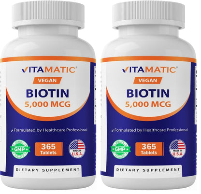 Vitamatic Biotin 5000mcg (5 mg) - 365 Vegan Tablets (Pack of 2) | Hair, Skin & Nails | Vitamin B7