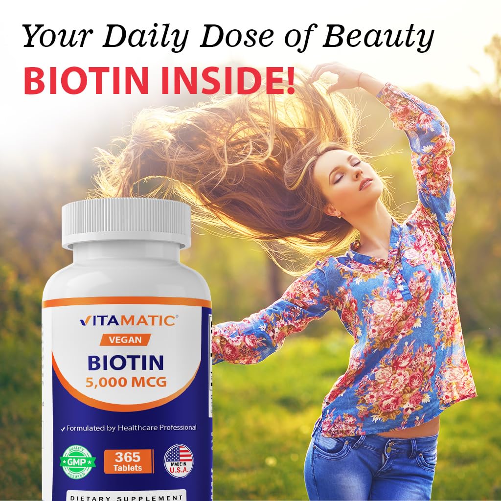 Vitamatic Biotin 5000mcg (5 mg) - 365 Vegan Tablets (Pack of 2) | Hair, Skin & Nails | Vitamin B7