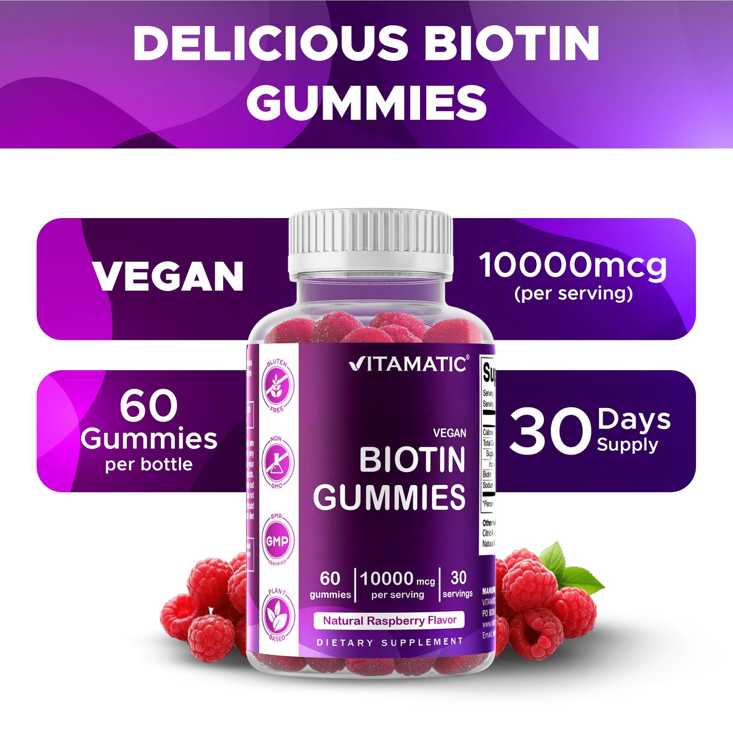 Vitamatic Biotin Gummies 10,000 mcg – 2 Bottles (60 Vegan Gummies Each) | Vitamin B7