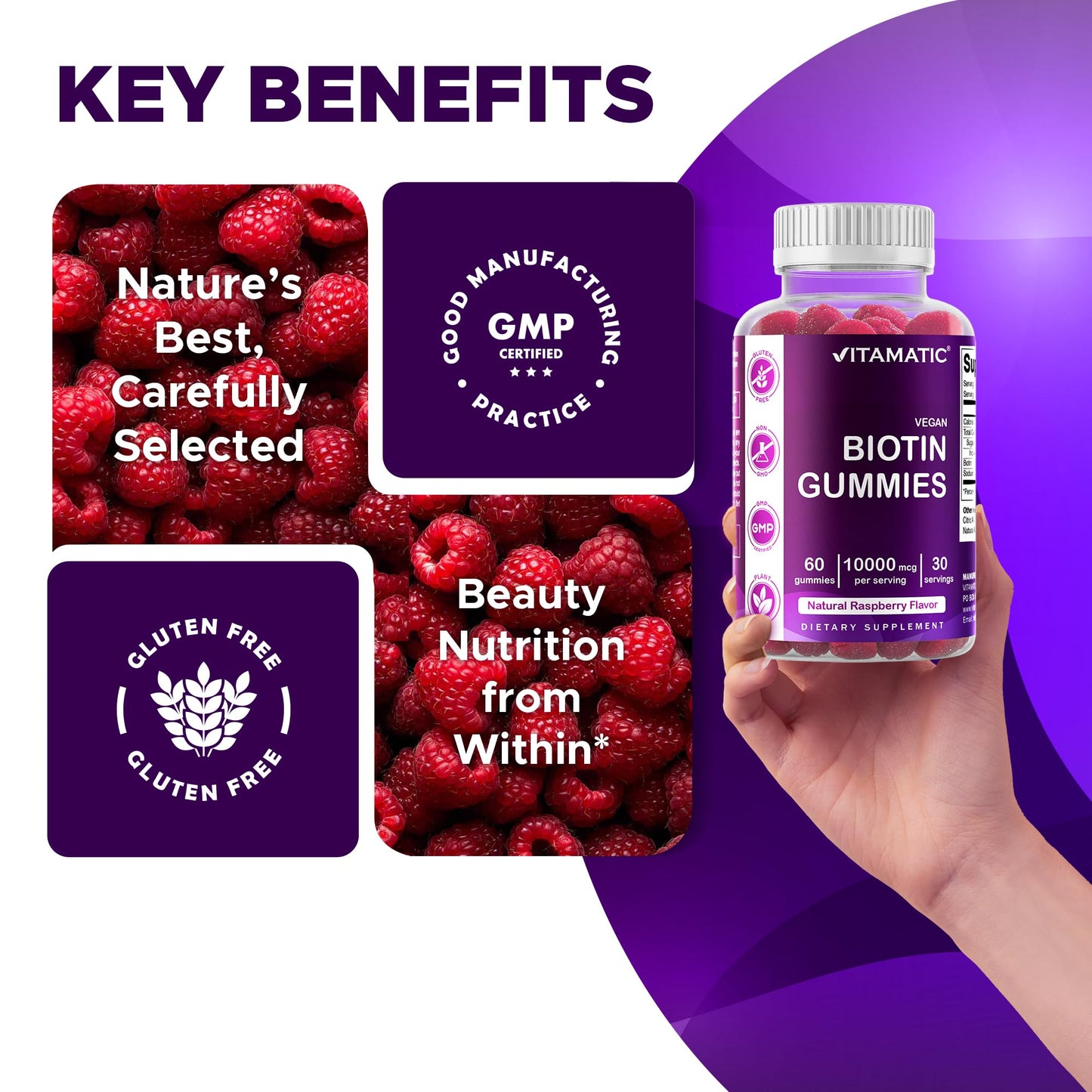 Vitamatic Biotin Gummies 10,000 mcg – 2 Bottles (60 Vegan Gummies Each) | Vitamin B7