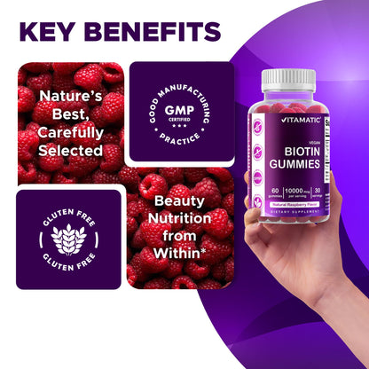 Vitamatic Biotin Gummies 10,000 mcg – 2 Bottles (60 Vegan Gummies Each) | Vitamin B7