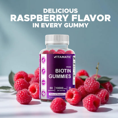 Vitamatic Biotin Gummies 10,000 mcg – 60 Vegan Gummies | Vitamin B7 for Hair, Skin & Nails