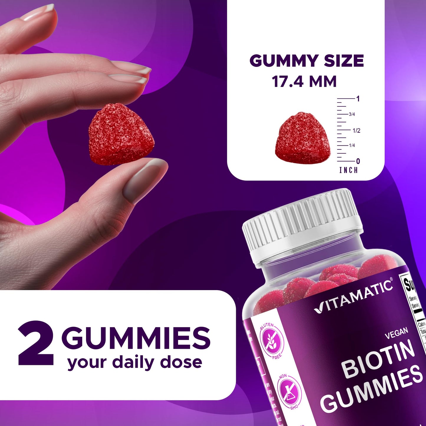Vitamatic Biotin Gummies 10,000 mcg – 60 Vegan Gummies | Vitamin B7 for Hair, Skin & Nails