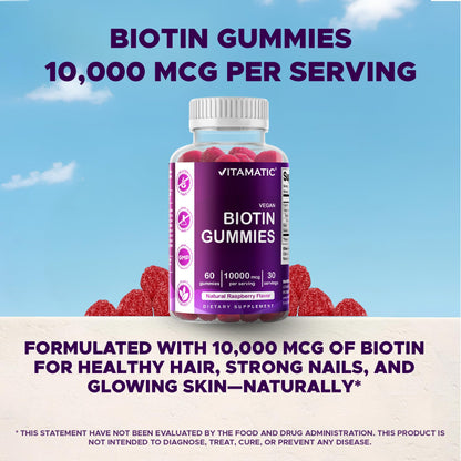 Vitamatic Biotin Gummies 10,000 mcg – 60 Vegan Gummies | Vitamin B7 for Hair, Skin & Nails