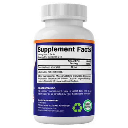 Vitamatic Chelated Boron Glycinate 10mg – 240 Tablets | Supports Hormone Balance & Bone Health