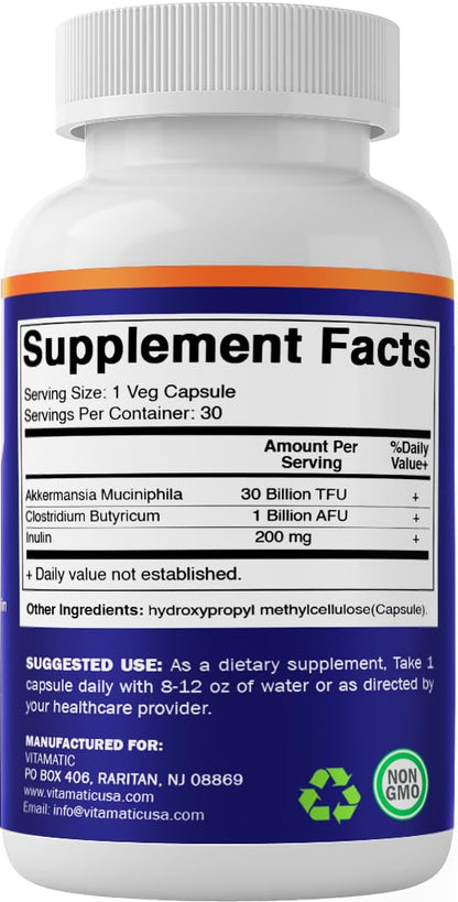 Vitamatic Akkermansia Muciniphila 30B TFU + Clostridium Butyricum + Inulin – GLP-1 Probiotic, 30 Vegan Capsules