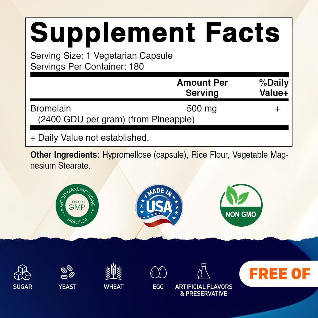 Vitamatic Bromelain Supplement 500mg - 2400 GDU/g - 180 Capsules (Pack of 2)