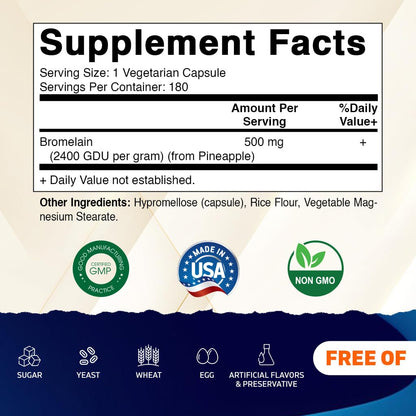 Vitamatic Bromelain Supplement 500mg - 2400 GDU/g - 180 Capsules (Pack of 2)