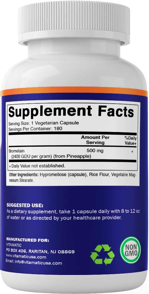 Vitamatic Bromelain Supplement 500mg - 2400 GDU/g - 180 Capsules (Pack of 2)