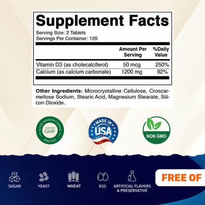 Vitamatic Calcium 1200mg + Vitamin D3 2000 IU – Bone & Immune Support (240 Tablets) – Non-GMO, Gluten-Free