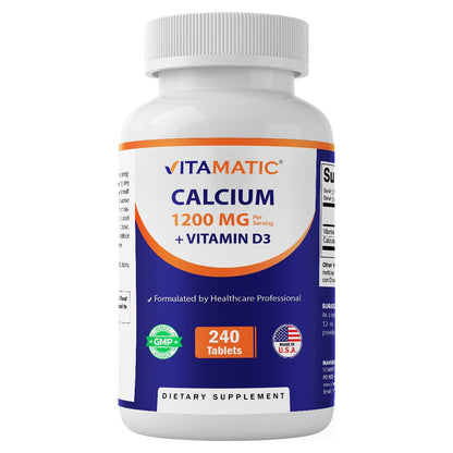 Vitamatic Calcium 1200mg + Vitamin D3 2000 IU – Bone & Immune Support (240 Tablets) – Non-GMO, Gluten-Free
