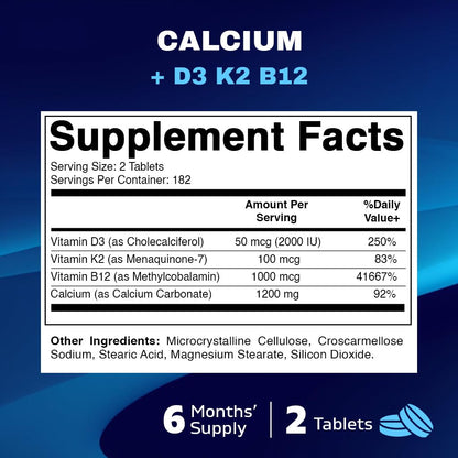 Vitamatic Calcium 1200mg with D3, K2 & B12 | Immune & Bone Health - 365 Coated Tablets