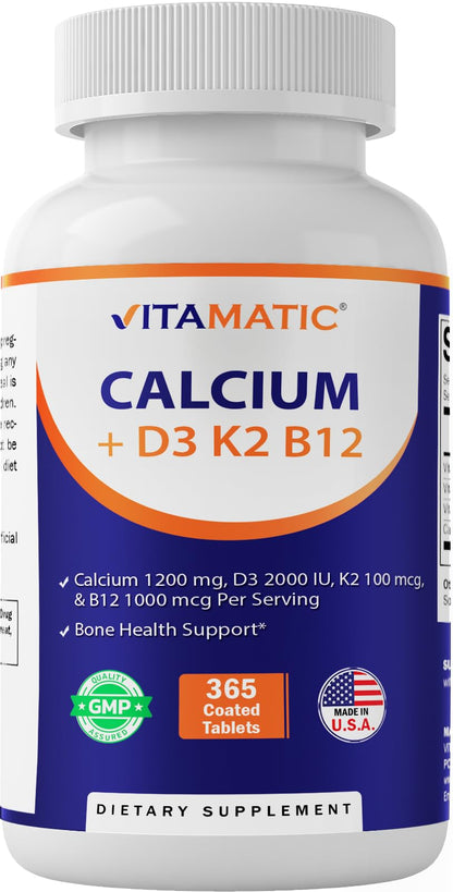 Vitamatic Calcium 1200mg with D3, K2 & B12 | Immune & Bone Health - 365 Coated Tablets