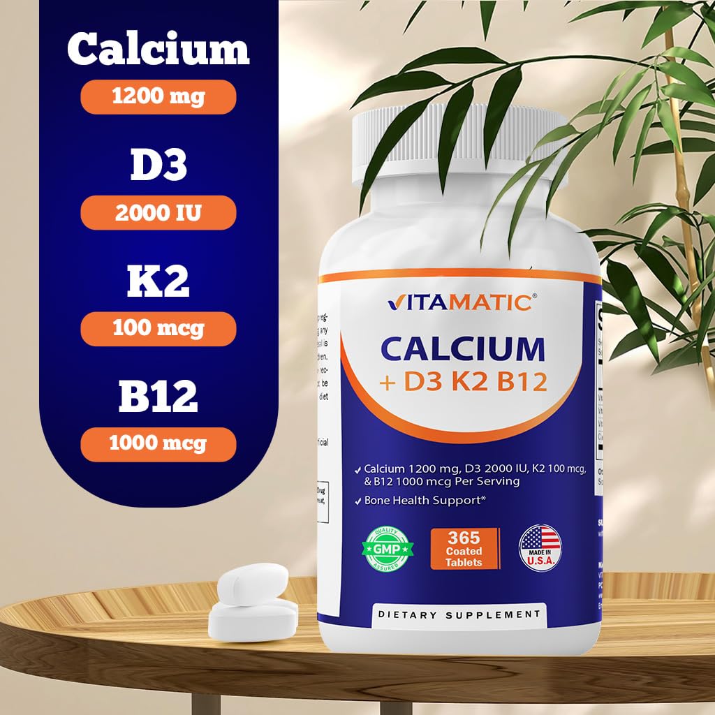 Vitamatic Calcium 1200mg with D3, K2 & B12 | Immune & Bone Health - 365 Coated Tablets