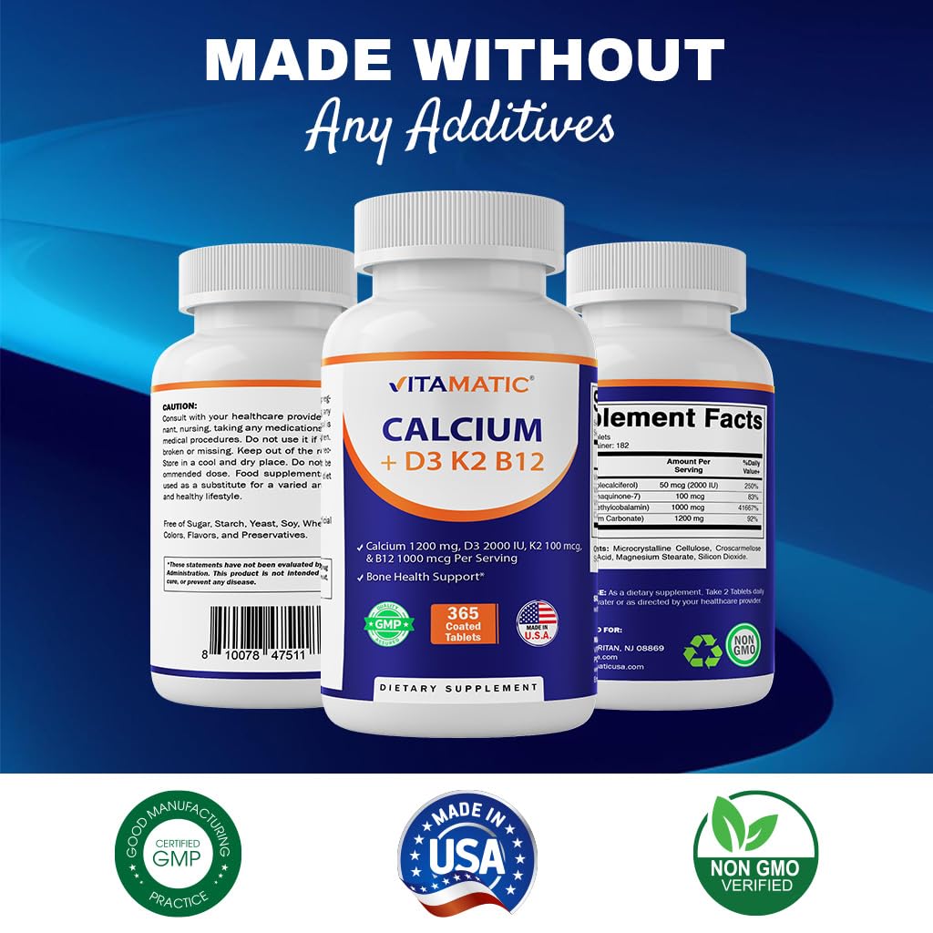 Vitamatic Calcium 1200mg with D3, K2 & B12 | Immune & Bone Health - 365 Coated Tablets