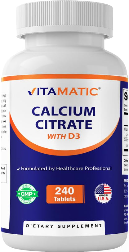 Vitamatic Calcium Citrate with Vitamin D3 – 630 mg Calcium + 500 IU D3, 240 Tablets – Non-GMO, Gluten-Free