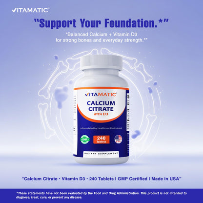 Vitamatic Calcium Citrate with Vitamin D3 – 630 mg Calcium + 500 IU D3, 240 Tablets – Non-GMO, Gluten-Free