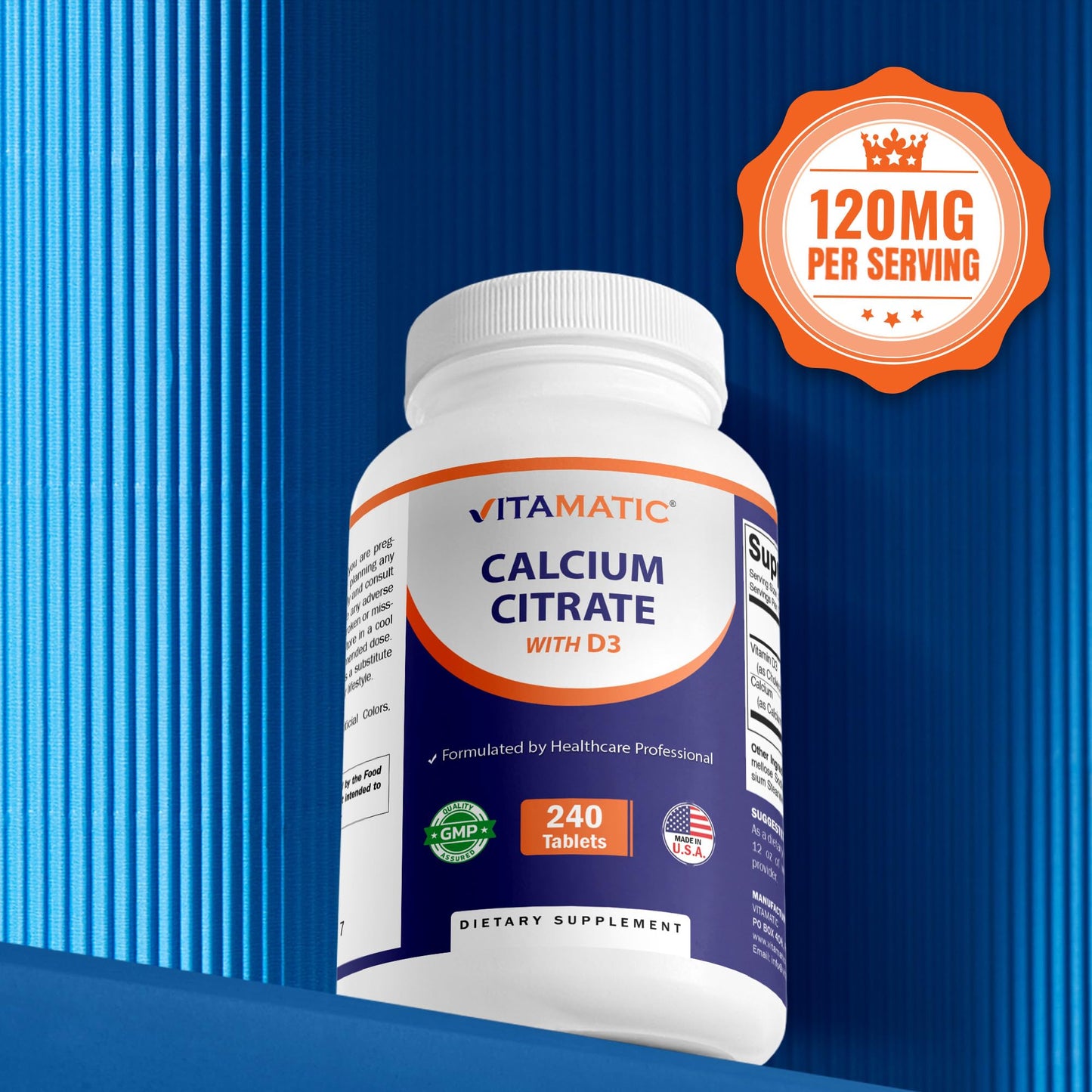Vitamatic Calcium Citrate with Vitamin D3 – 630 mg Calcium + 500 IU D3, 240 Tablets – Non-GMO, Gluten-Free