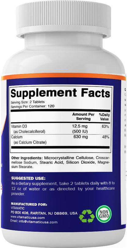Vitamatic Calcium Citrate with Vitamin D3 – 630 mg Calcium + 500 IU D3, 240 Tablets – Non-GMO, Gluten-Free