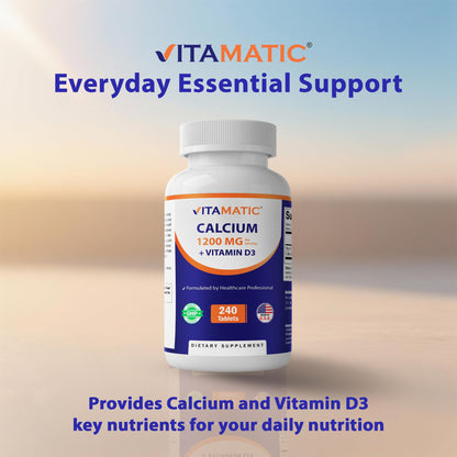 Vitamatic Calcium 1200mg + Vitamin D3 2000 IU – Bone & Immune Support (240 Tablets) – Non-GMO, Gluten-Free