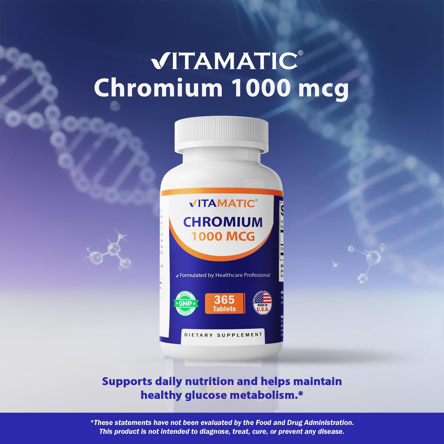 Vitamatic Chromium 1000 mcg – 365 Tablets | High Potency Picolinate | Non-GMO, Gluten Free