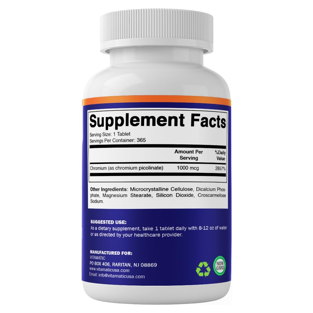 Vitamatic Chromium 1000 mcg – 365 Tablets | High Potency Picolinate | Non-GMO, Gluten Free