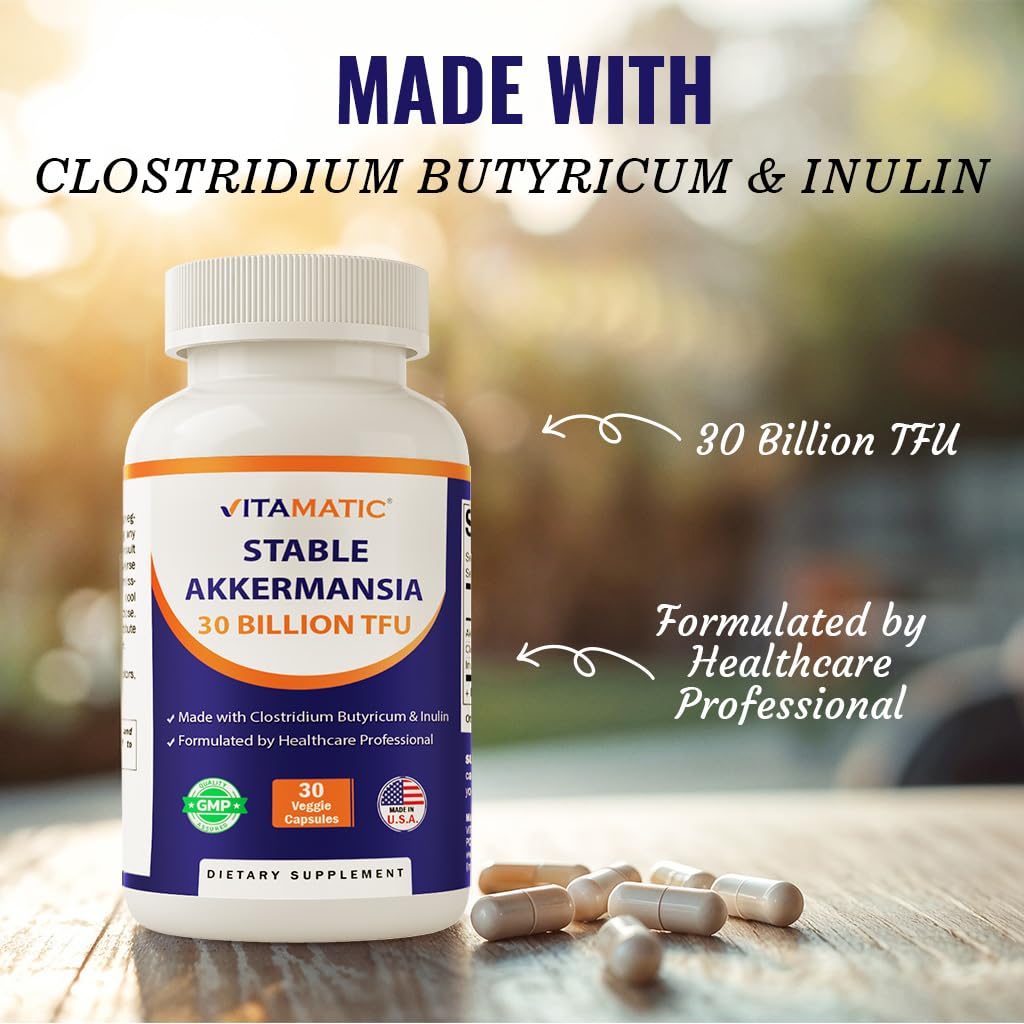 Vitamatic Akkermansia Muciniphila 30B TFU + Clostridium Butyricum + Inulin – GLP-1 Probiotic, 30 Vegan Capsules
