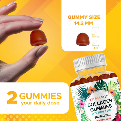 Vitamatic Hydrolyzed Collagen Gummies with Vitamin C, Zinc & Biotin – 2 Pack (60 Gummies)