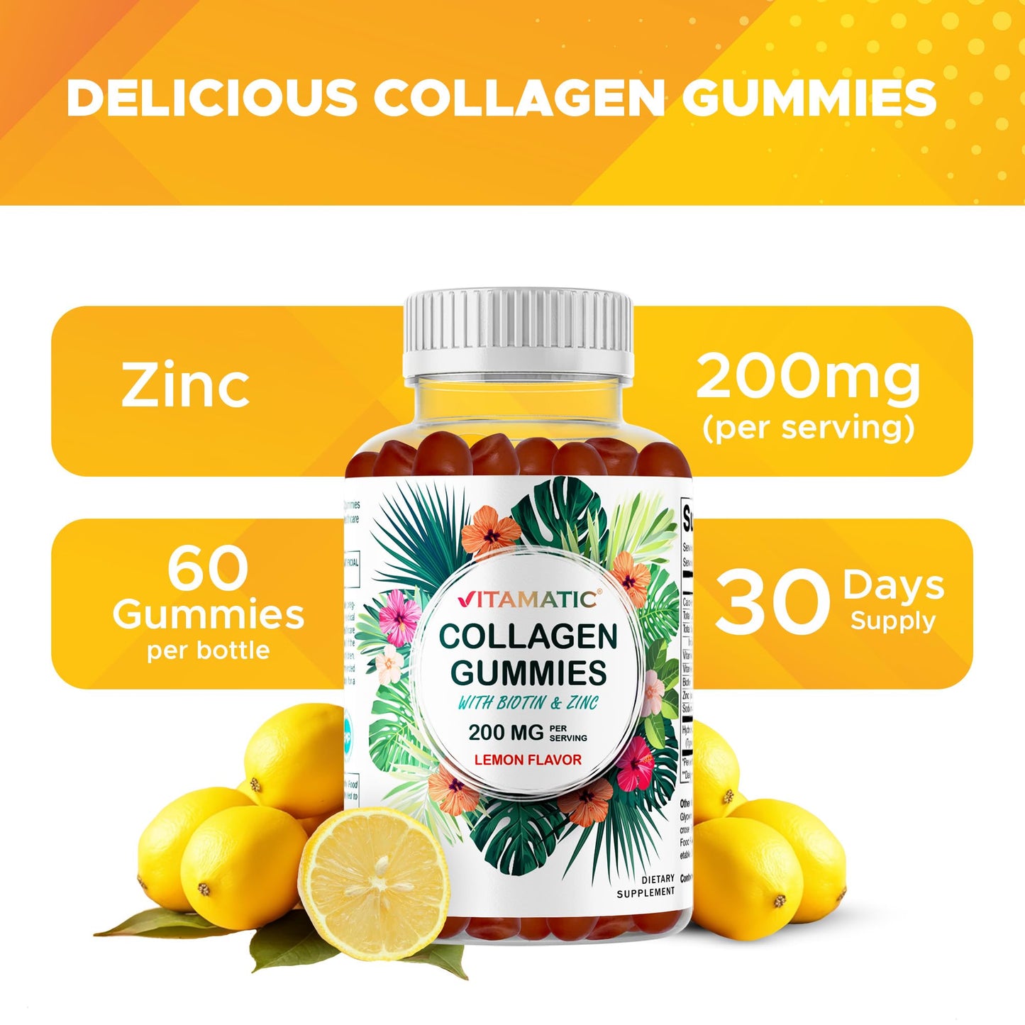 Vitamatic Hydrolyzed Collagen Gummies with Vitamin C, Zinc & Biotin – 2 Pack (60 Gummies)