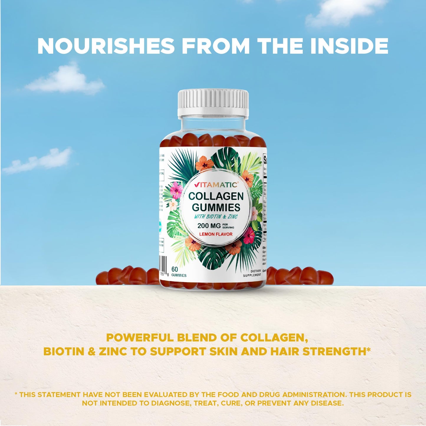 Vitamatic Hydrolyzed Collagen Gummies with Vitamin C, Zinc & Biotin – 2 Pack (60 Gummies)