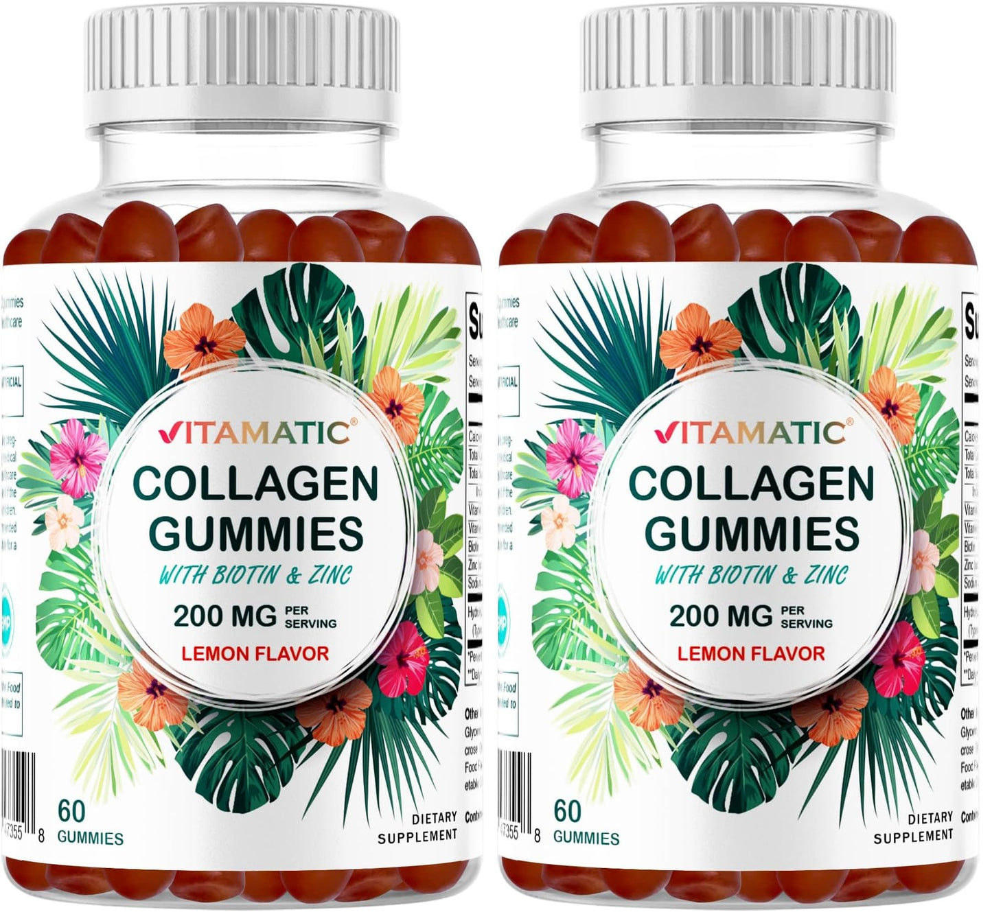 Vitamatic Hydrolyzed Collagen Gummies with Vitamin C, Zinc & Biotin – 2 Pack (60 Gummies)