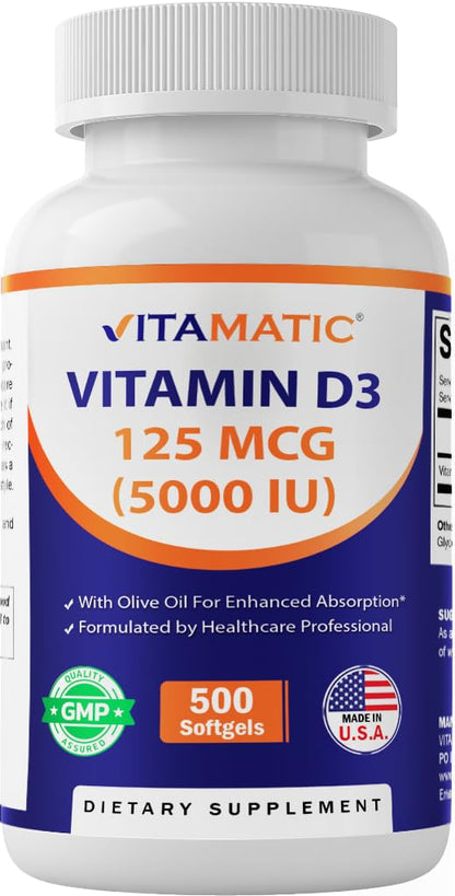 Vitamatic Vitamin D3 5000 IU (125 mcg) – 500 Softgels Olive Oil-Based Formula