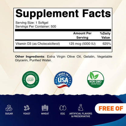 Vitamatic Vitamin D3 5000 IU (125 mcg) – 500 Softgels Olive Oil-Based Formula